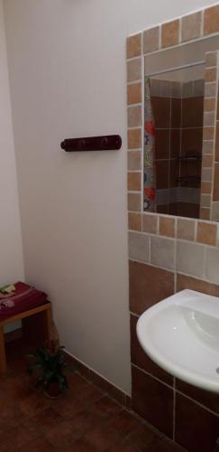 een badkamer met een witte wastafel en een douche bij L'arancio Antico in Iglesias