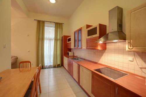 a kitchen with wooden cabinets and a counter top at Slunecni Lazne Apartments in Karlovy Vary