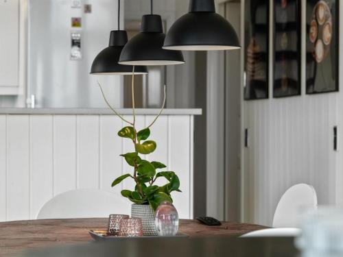a dining room table with two black lights and a plant at Holiday Home Beowulf - 200m from the sea by Interhome in Broager