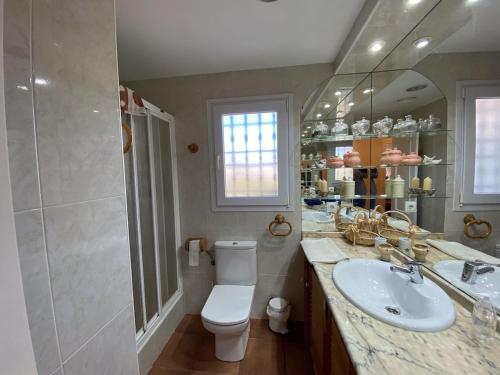 uma casa de banho com um WC, um lavatório e um espelho. em Casa Nieves Cabo roig em Orihuela