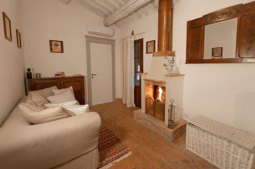 a living room with a couch and a fireplace at Agriturismo Borgo di Campagna Il Tesoro in Torre Alfina
