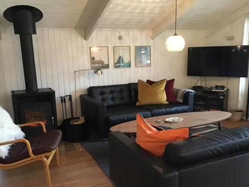 een woonkamer met een zwarte bank en een open haard bij Holiday Home Yngve - 56-5km from the sea in SE Jutland by Interhome in Give