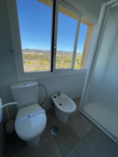 a bathroom with a toilet and a sink and a window at Apartamentos Coronado in Marbella