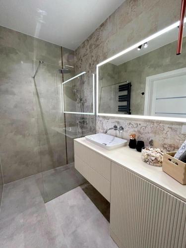 a bathroom with a sink and a shower at Apartament Nr 50, 2 sypialnie, wygodny parking podziemny in Toruń