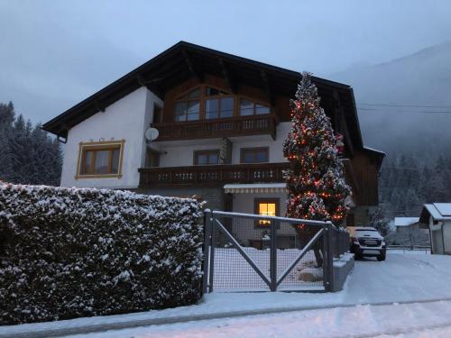 Un árbol de Navidad delante de una casa en Fritz Apartments "Haus Bergblick", en Hermagor