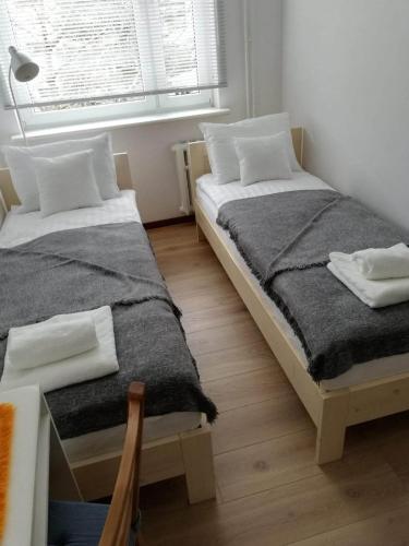 two beds in a small room with a window at Apartamencik Perełka in Skoczów