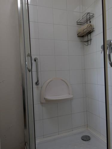 a shower with a glass door in a bathroom at Orangerie Guest House in Johannesburg