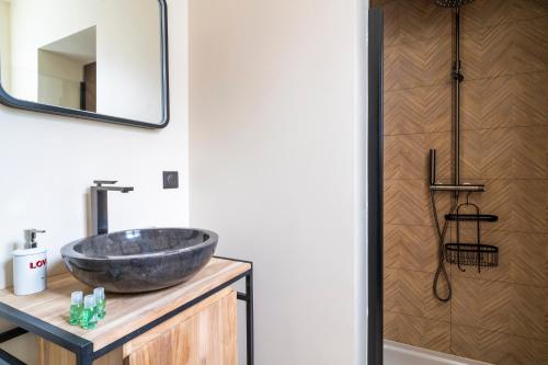 een badkamer met een wastafel en een spiegel bij Le GYPSY - CHARME & EMPLACEMENT PARFAIT in Honfleur