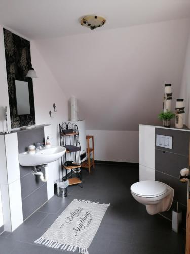 een badkamer met een wit toilet en een wastafel bij Ferienwohnung Mühlenbachhexe in Lingen