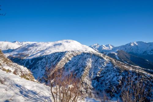 une montagne recouverte de neige avec des arbres au premier plan dans l'établissement Appartement Fontana - Welkeys, à Huez