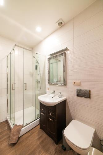 a bathroom with a sink and a shower and a toilet at Cottage Dzintars in Jūrmala