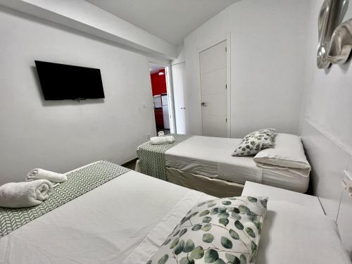 ベニドルムにあるEdificio Don Pepeのベッド2台、薄型テレビが備わるホテルルームです。