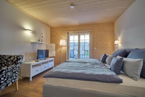 een slaapkamer met een groot bed en een televisie bij Alb Appartements in Albstadt