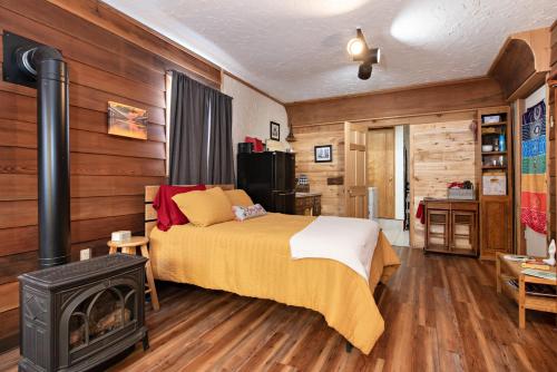 1 dormitorio con 1 cama y chimenea en Wanderer Studio, AN OFF GRID MOUNTAIN Guest Studio With Fantastic Views en Glenwood Springs