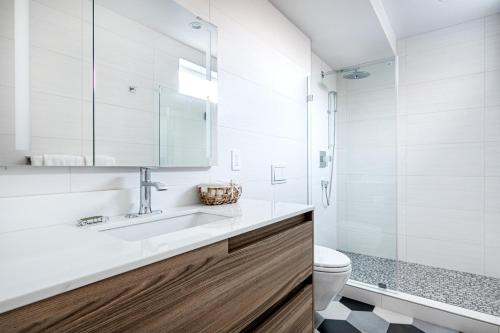 een witte badkamer met een wastafel en een toilet bij SoMa 1BR w Office WD Private Patio nr HQs SFO-455 in San Francisco