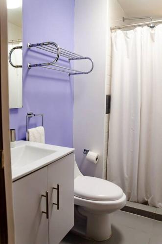 a white bathroom with a toilet and a shower at CENTRAL APARTMENT IN THE HEART OF MEXICO CITY in Mexico City