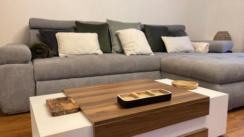 - un salon avec un canapé gris et une table dans l'établissement L'Alcove, à Carcassonne