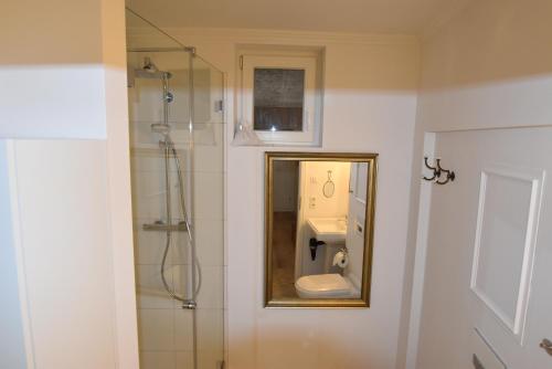 フレンスブルクにあるfewo1846 - Belvedere - behaglich ausgestattete Wohnung mit Balkon und Hafenblickのバスルーム(鏡付きシャワー、シンク付)