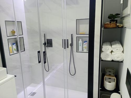 uma casa de banho com um chuveiro e uma porta de vidro em Súper apartamento Santiago em Santiago de Compostela
