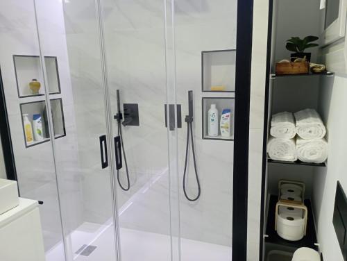 łazienka z prysznicem i szklanymi drzwiami w obiekcie Súper apartamento Santiago w Santiago de Compostela