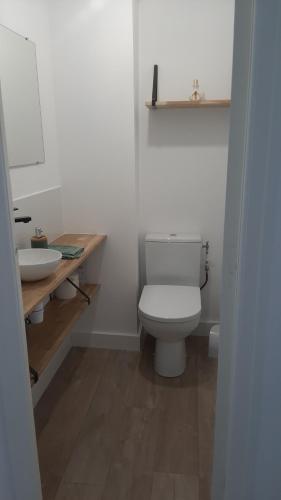 La salle de bains est pourvue de toilettes blanches et d'un lavabo. dans l'établissement L'appartement de jeanne, à Quimper