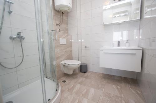 a bathroom with a shower and a toilet and a sink at Luxury Apartment Luka in Promajna