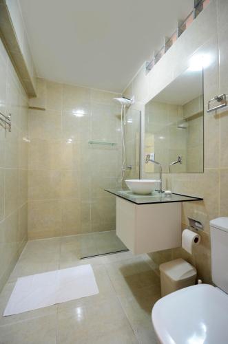 a bathroom with a sink and a toilet and a shower at Flat Vila 4 Amigos in Natal