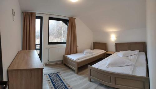 克盧日納波卡的住宿－Cabana Nicorici，一间卧室设有两张床和窗户。