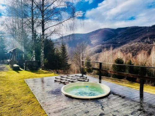 a jacuzzi tub sitting on a table with a view at Cabana Nicorici in Cluj-Napoca