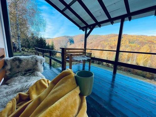 a view from the deck of a porch with a view of the mountains at Cabana Nicorici in Cluj-Napoca