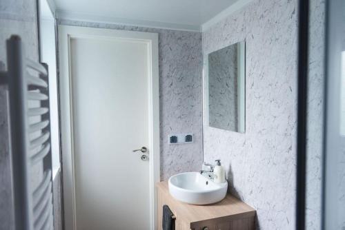 ein weißes Badezimmer mit einem Waschbecken und einem Spiegel in der Unterkunft Chalet Unique in Oldeberkoop