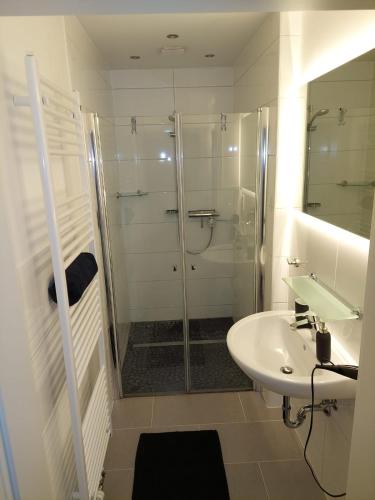 baño blanco con ducha y lavamanos en Ferienwohnungen Recklinghausen-Nord, en Recklinghausen