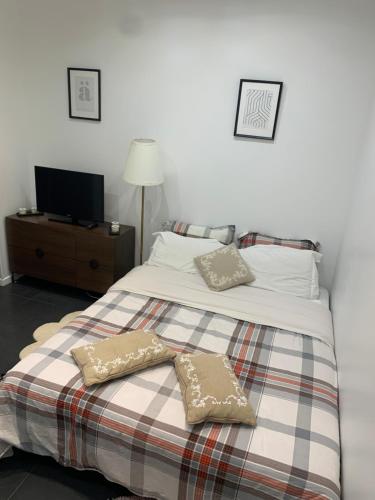 ein Bett mit zwei Kissen darauf und einem TV in der Unterkunft Charmant appartement - PARIS 18 in Paris