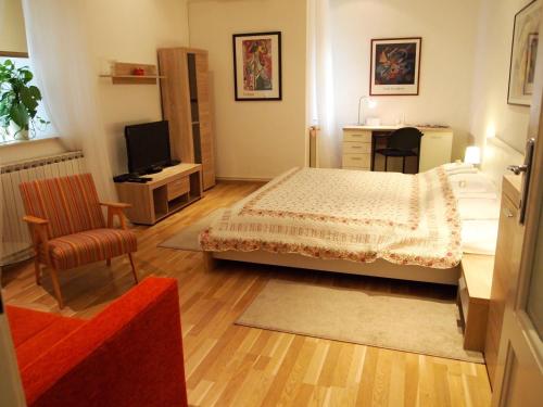 Schlafzimmer mit einem Bett, einem Schreibtisch und einem TV in der Unterkunft Charming Apartment Tanja in Zagreb