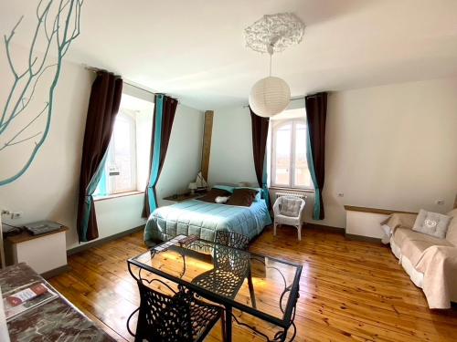 uma sala de estar com uma cama e um sofá em Demeure des Dentelles em Le Puy-en-Velay