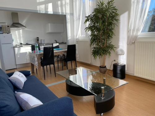 Una sala de estar con un sofá azul y una mesa. en Demeure des Dentelles avec PARKING GRATUIT, en Le Puy en Velay