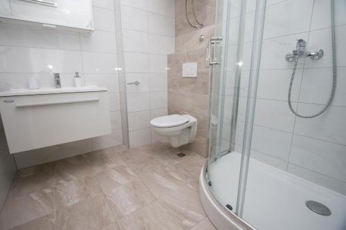 La salle de bains est pourvue d'une douche, de toilettes et d'un lavabo. dans l'établissement Luxury Apartment Marko, à Promajna