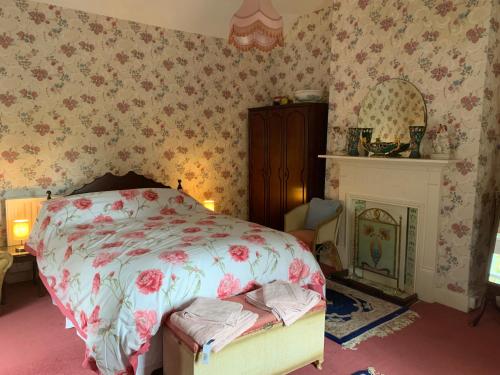 a bedroom with a bed and a fireplace at Tullyard House 
