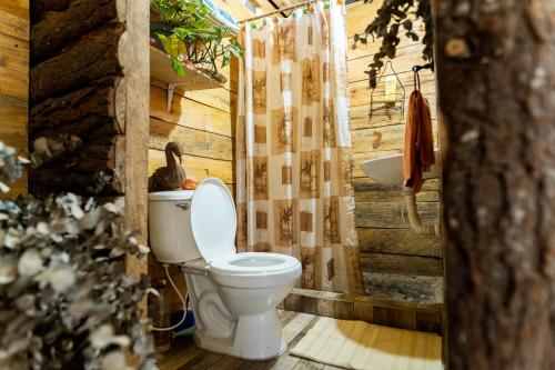 y baño con aseo y lavamanos. en Cabaña Don Santiago, en San Cristóbal Verapaz