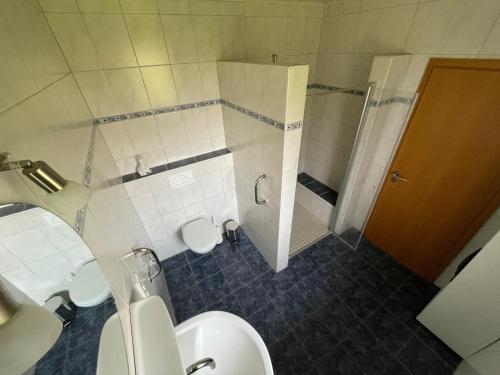 a bathroom with two toilets and a shower at Ferienhaus Becksvoort 49624 Löningen im Hasetal in Löningen