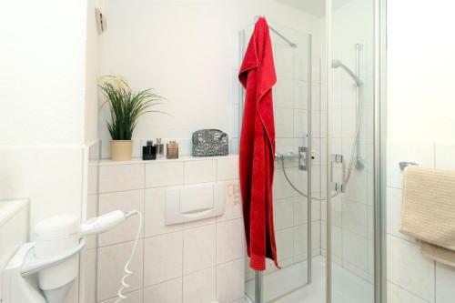 uma casa de banho com um chuveiro e uma toalha vermelha em Ferienzimmeranlage Deutsches Haus Deutsches Haus App 22 em Wustrow