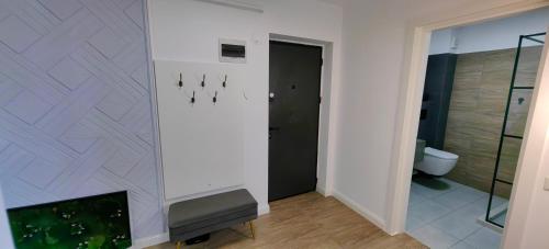 a bathroom with a toilet and a tv in a room at Luxury apartment private parking self check-in54 in Craiova