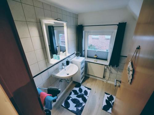 a small bathroom with a sink and a mirror at Ferienhaus Rasmussen in Tönning