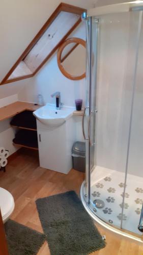 uma pequena casa de banho com um chuveiro e um lavatório. em Tigh Quiraing- Heather em Staffin