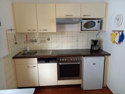 a small kitchen with a sink and a microwave at Ferienhaus mit Garten in CH 6616 Losone Tessin Casa Sabina in Losone