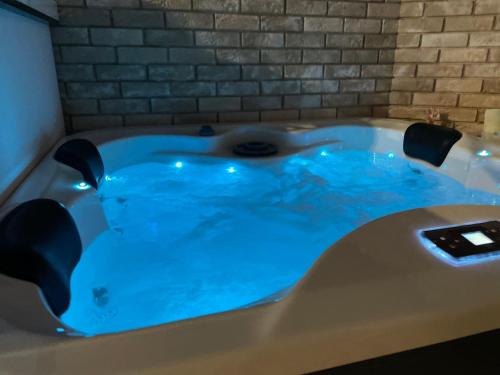 a jacuzzi tub with blue water in a room at Apartman Stefan Lux in Vrdnik