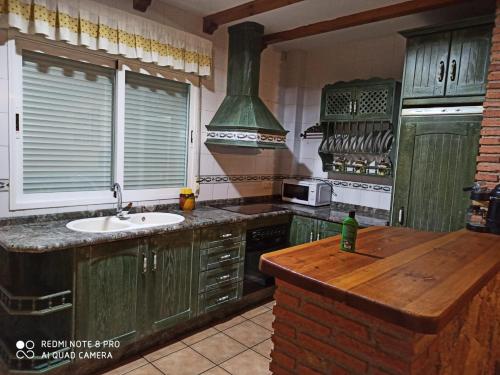 uma cozinha com armários verdes e um lavatório em Casa Miriam II em Arroyo Frio