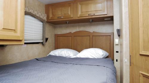 uma cama com duas almofadas num pequeno quarto em Travel the Dominican Republic in campervan em Santo Domingo