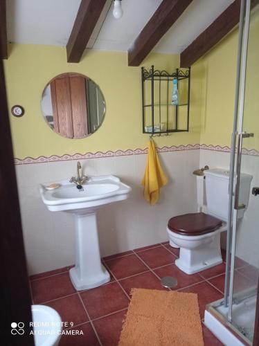 a bathroom with a sink and a toilet and a mirror at Casa Capricho in Proaza