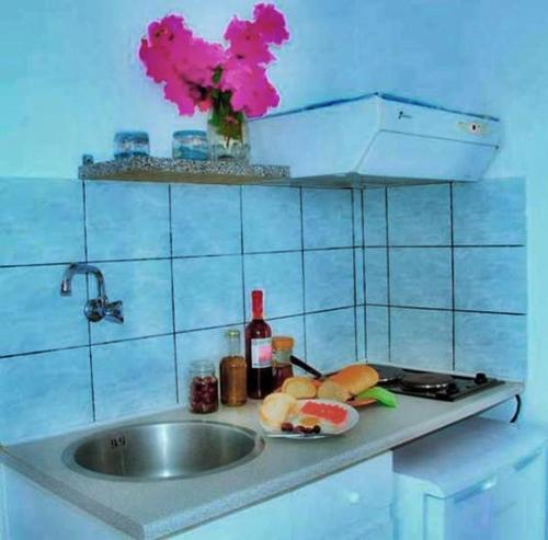 a sink with a plate of fruit and a bottle of wine at Meltemi Rooms and Apartments in Finikounta